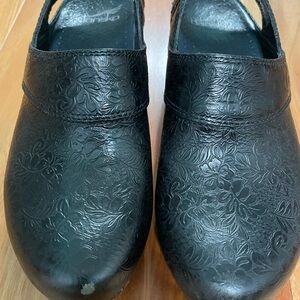 Dansko Black Embossed Leather Sling Back Clogs